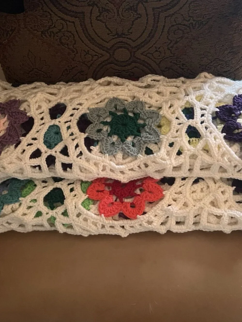 Colorful Fancy Granny Square w/ White Border Crochet Afghan Blanket Throw 50x100